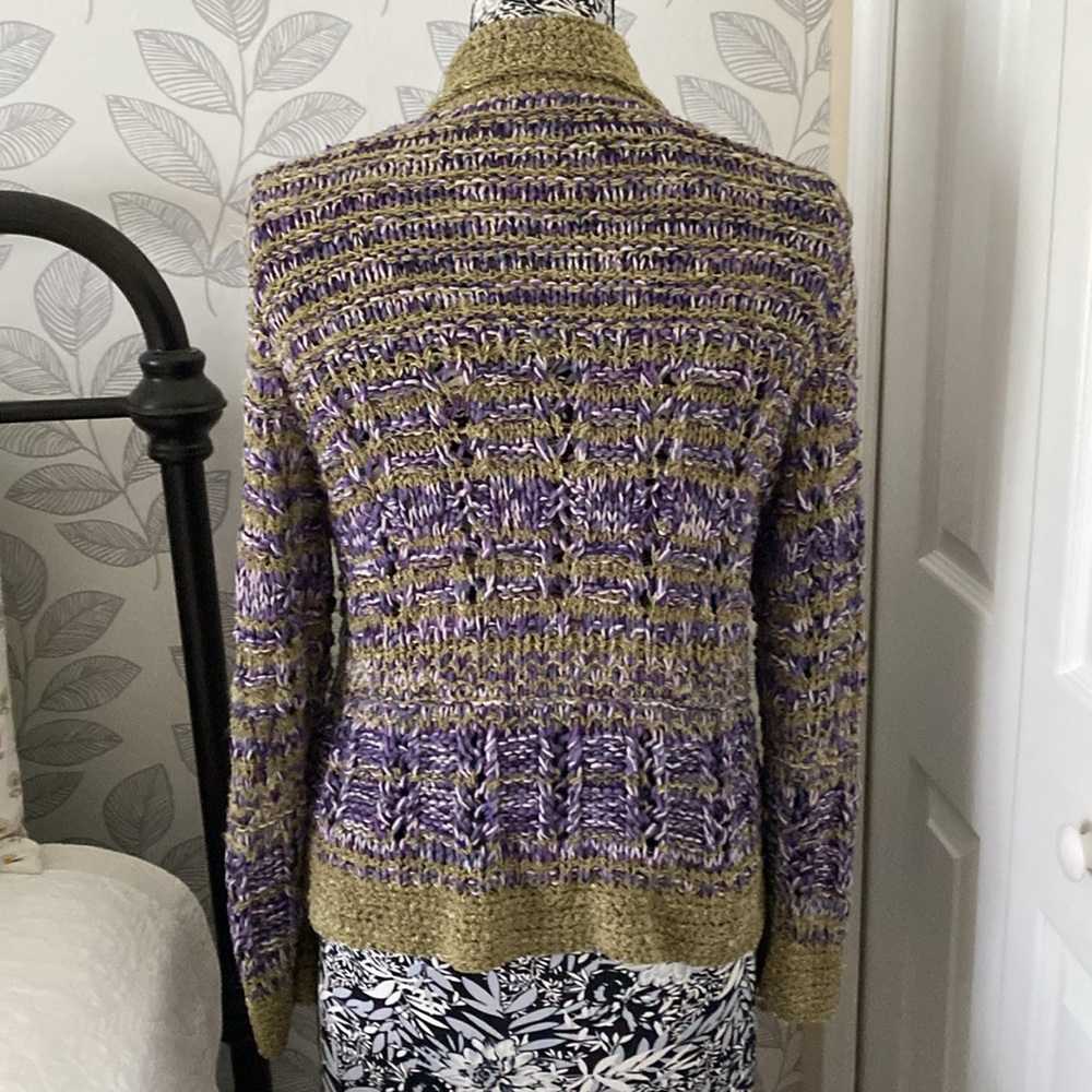 Sigrid Olsen Sport hand knit button front cardigan in olive green and purple - Picture 3 of 7